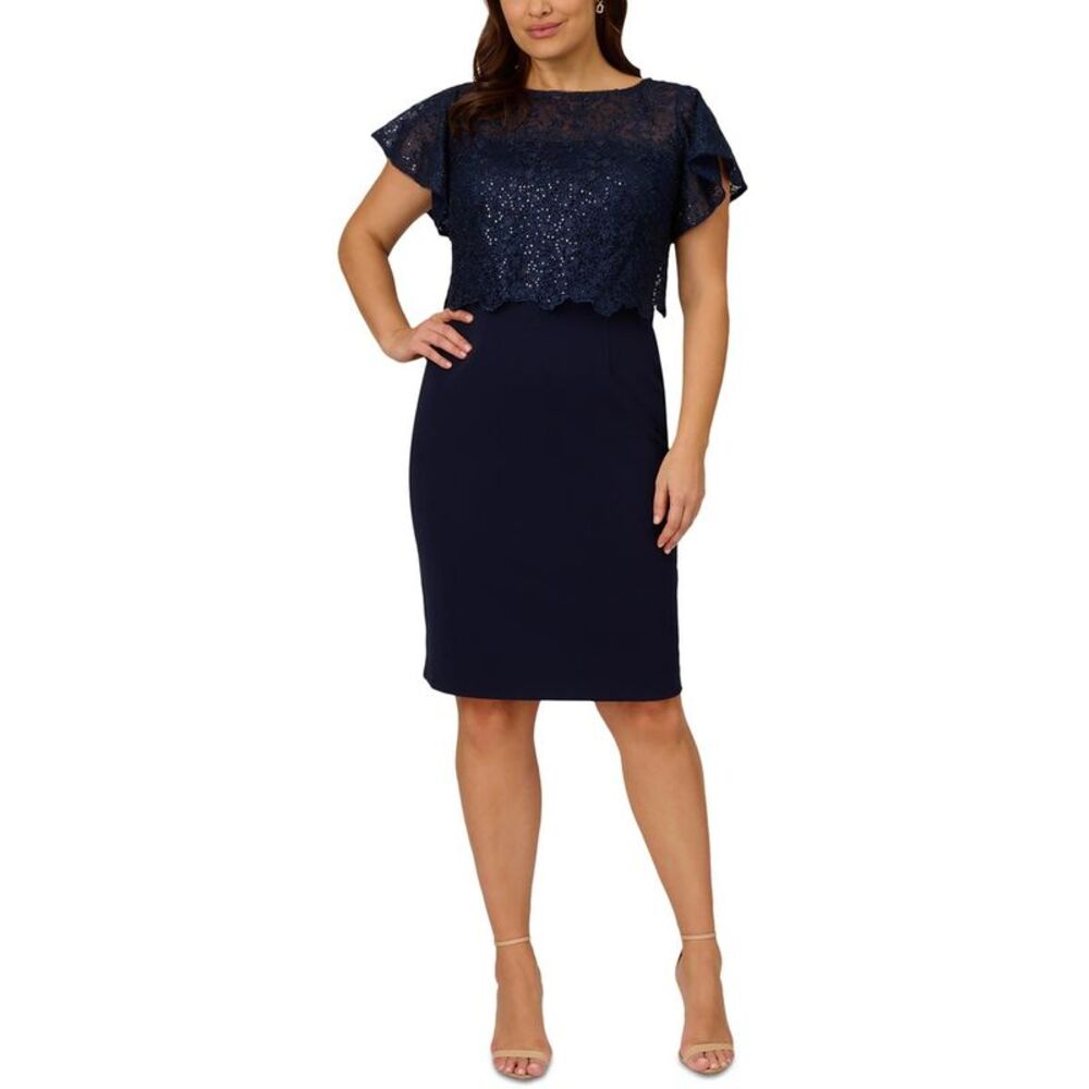 Adrianna Papell Womens Navy Sequined Short Wedding Sheath Dress Plus NWT
